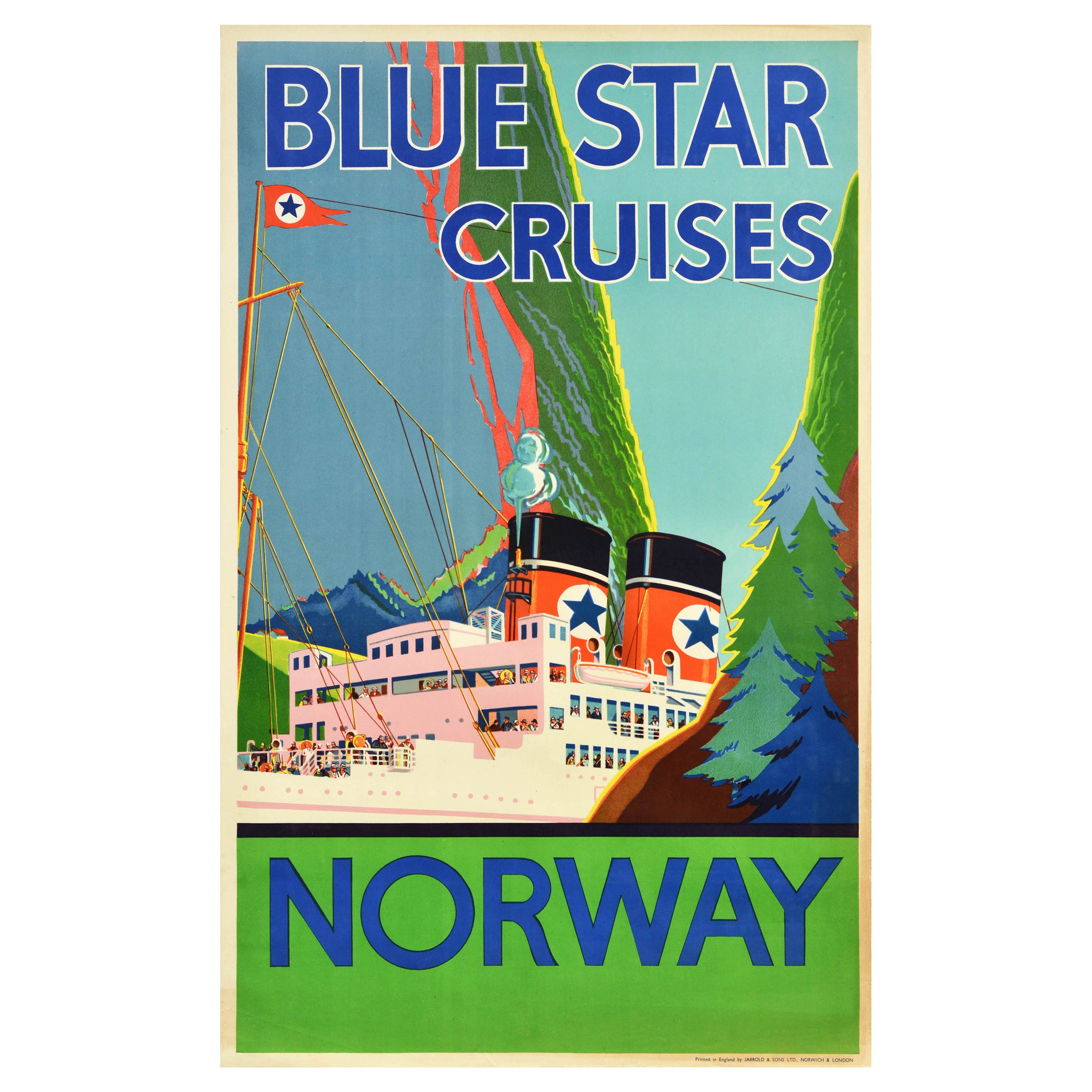 Original Vintage-Reiseplakat „Blaue Sternkreuzfahrten Norwegen“, Fjord-Szenen, Segelkunst, Original