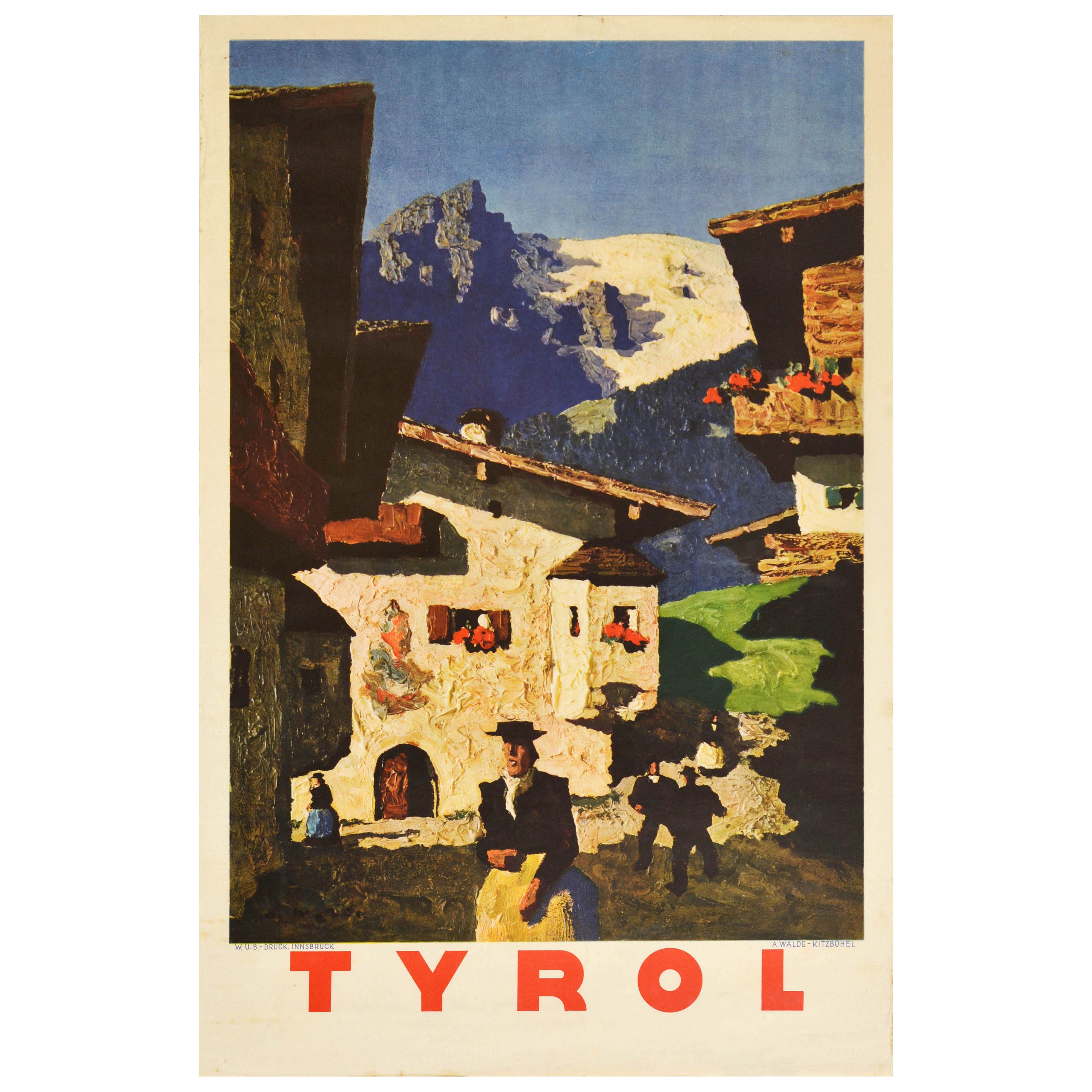 Affiche de voyage vintage d'origine Tyrol Kitzbuhel, Alpes autrichiennes, Peinture de station de ski