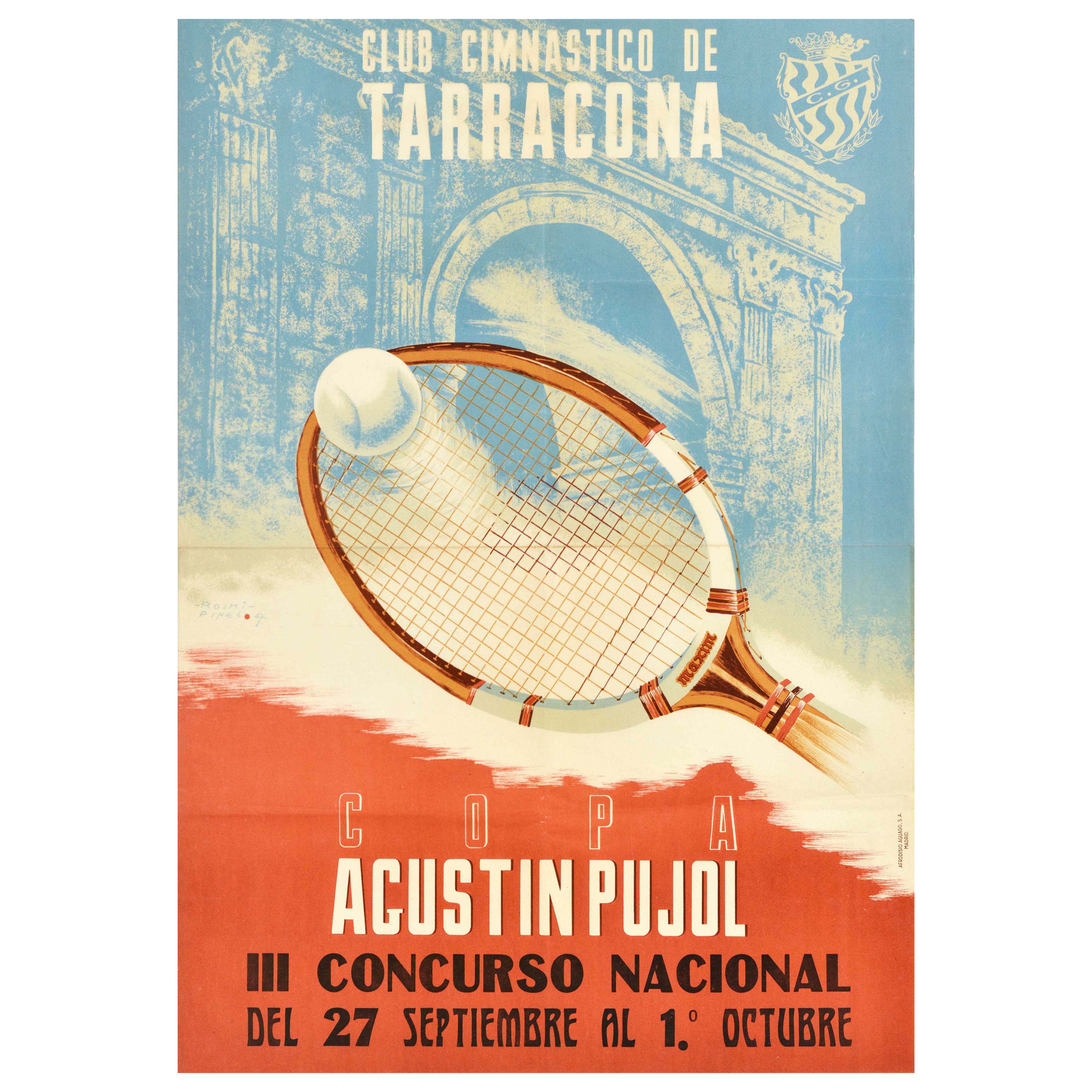 Original Vintage Tennis Poster Gymnastic Club Tarragona Agustin Pujol Cup Sport