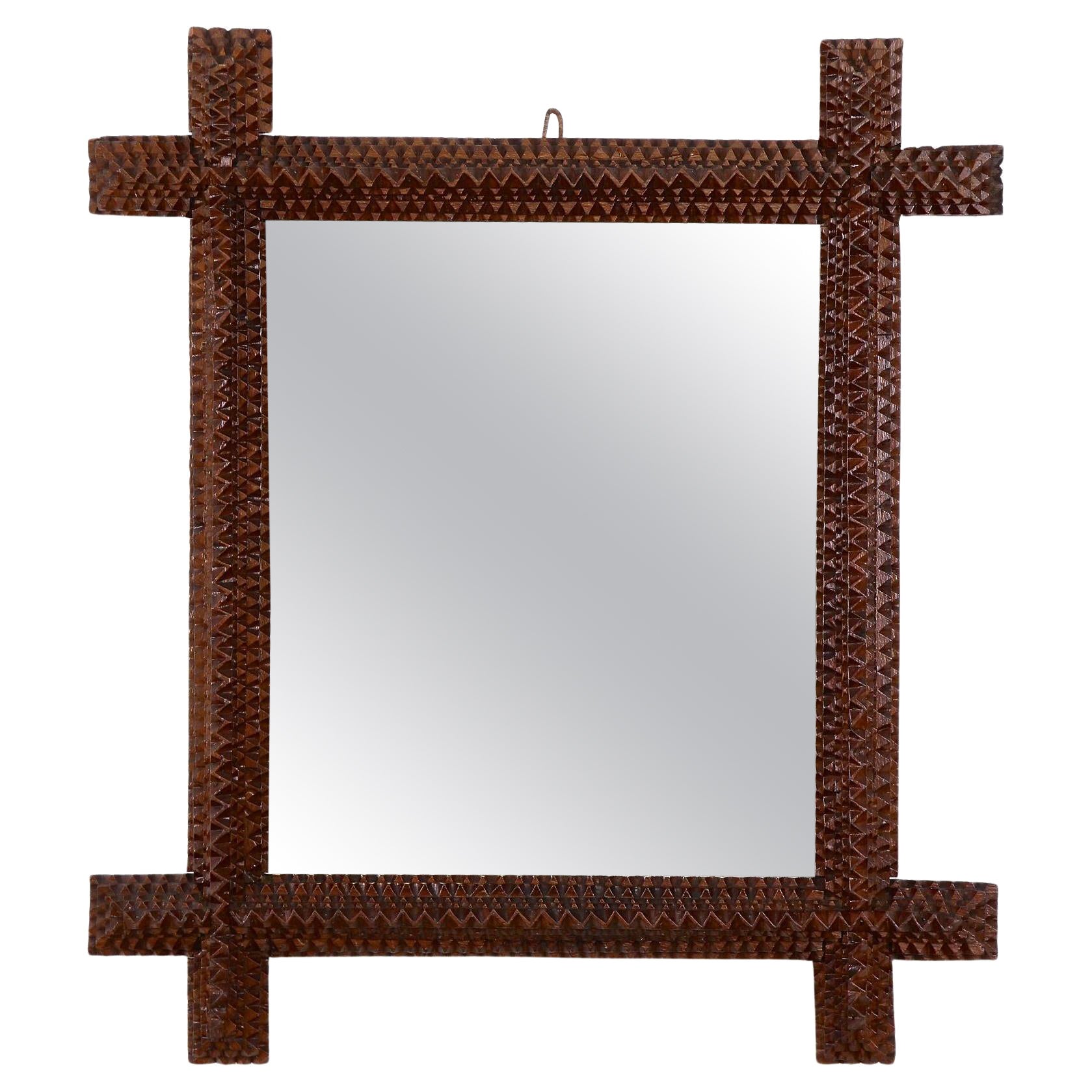 Rustic Tramp Art Wall Mirror with Chip Carvings, Austria circa 1880 For Sale