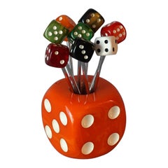 1930s Art Deco French Orange Bakelite Dice Holder with 8 Dice Cocktail Picks