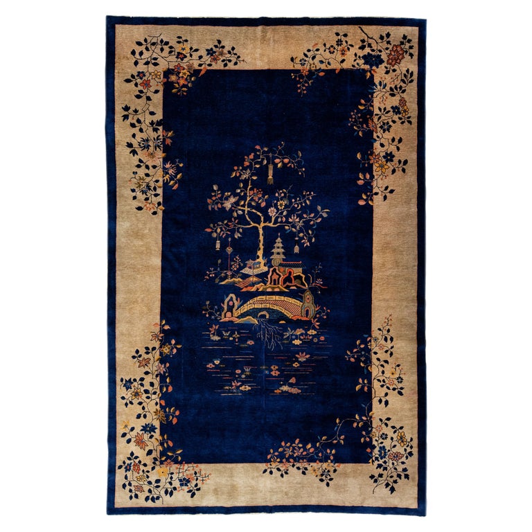 Vintage Chinese Peking Blue Handmade Wool Rug with Traditional Motif For Sale at 1stDibs