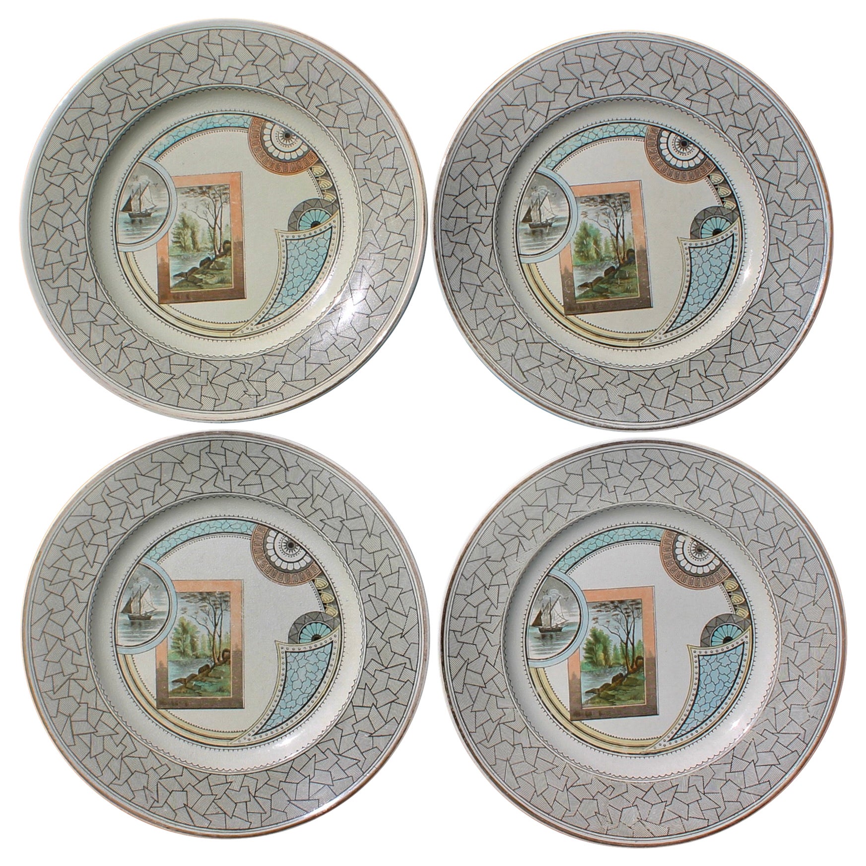 4 Old Hall 'Excelsior' plates Aesthetic Movement Christopher Dresser Attributed.