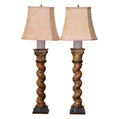 Pair of 19th Century French Baroque Carved Marble & Gilt Wood Column Table Lamps