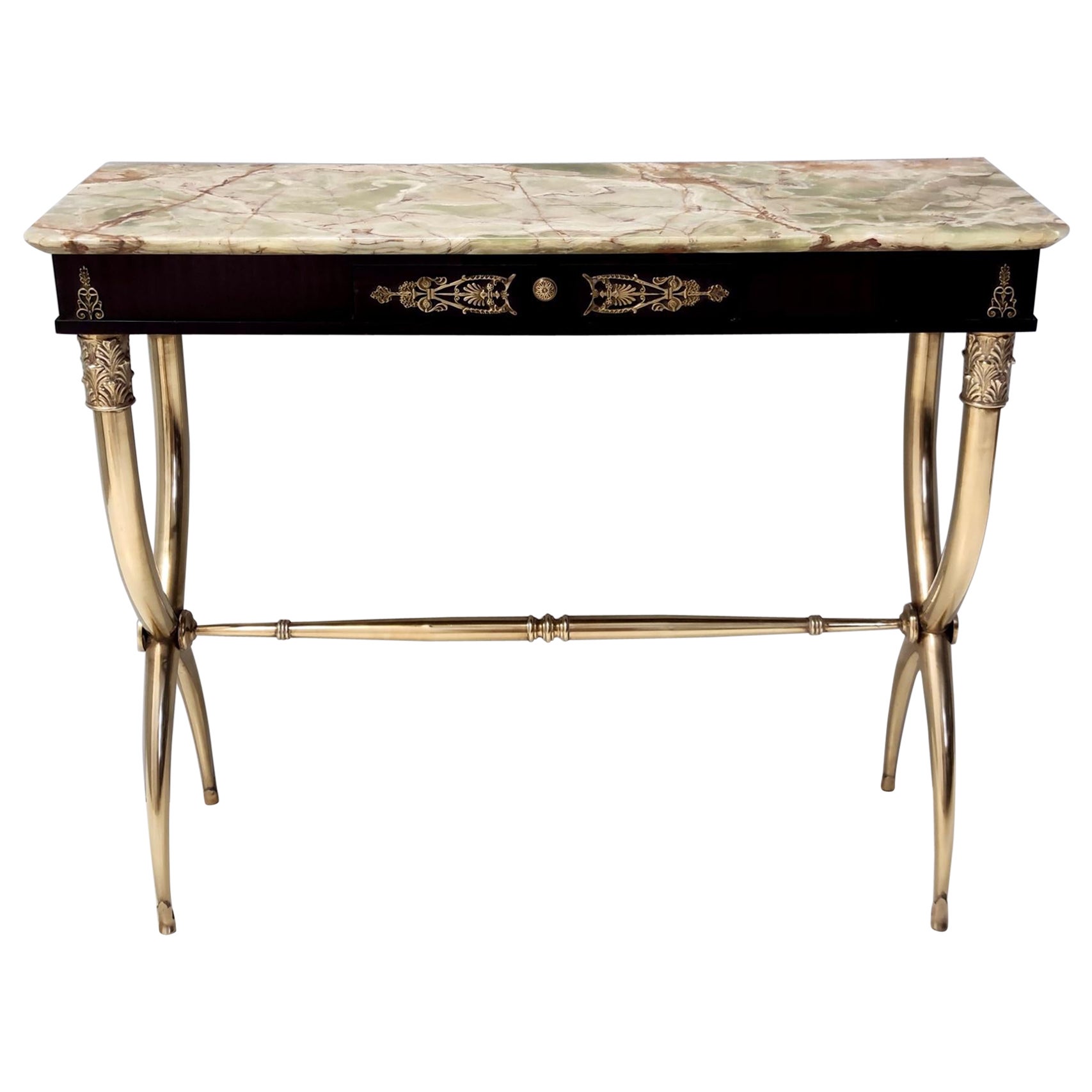 Vintage Brass and Walnut Console with an Onyx Top Ascribable to T. Buzzi, Italy