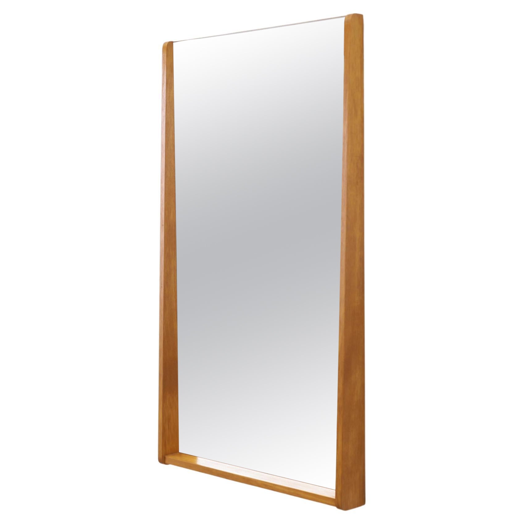 Mid-Century Danish Blonde Wood Wall Mount Mirror w/ Rounded Frame and Bottom Lip For Sale