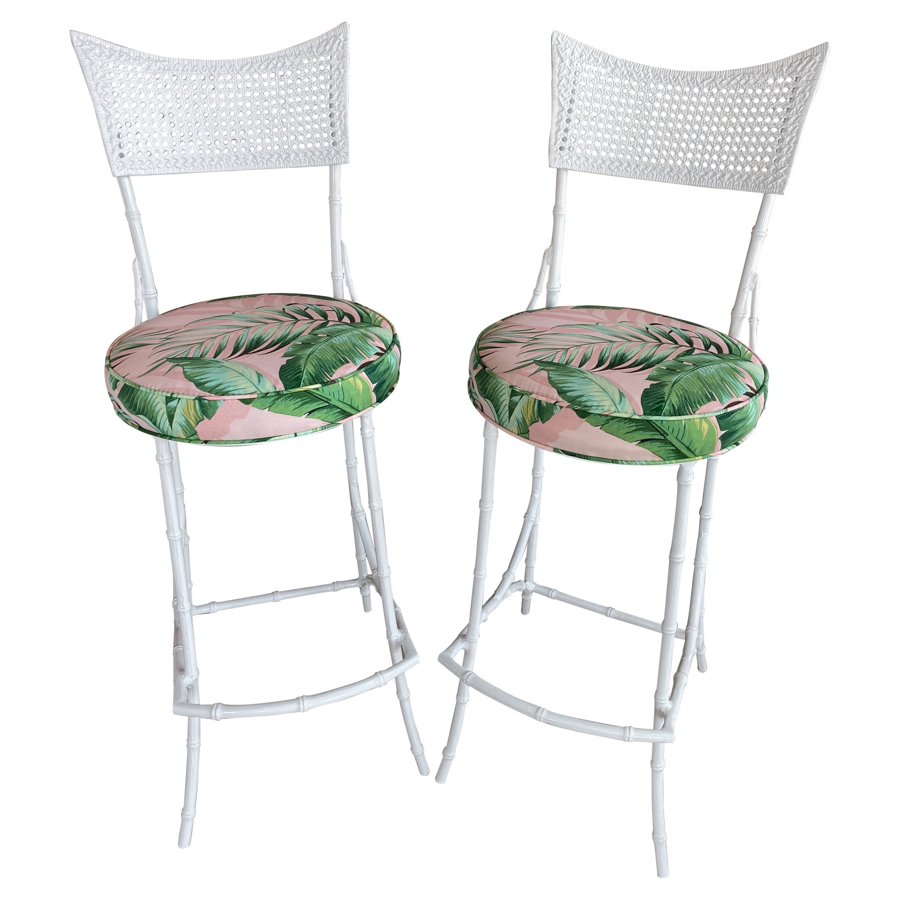 Vintage Pair Faux Bamboo Phyllis Morris Barstools Patio Powdercoated Upholstered For Sale
