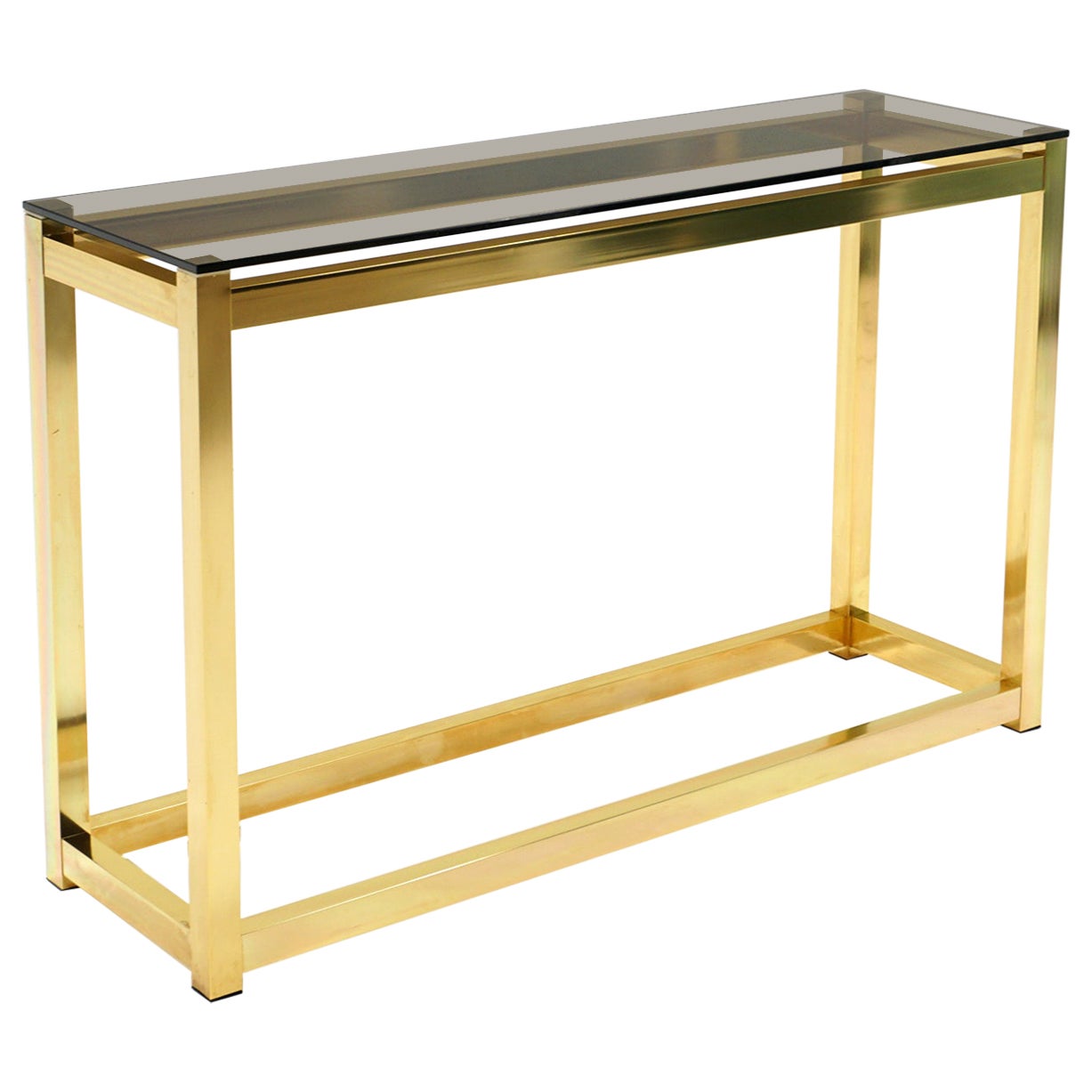 Console/table de canapé en laiton anodisé et verre gris