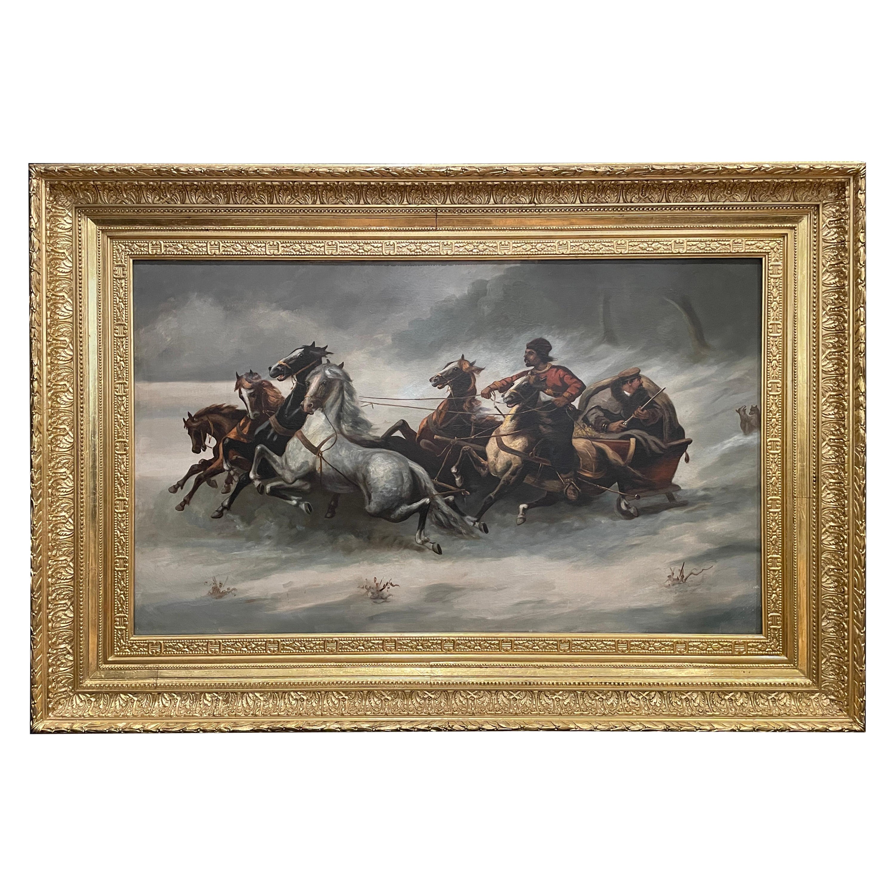 Huile sur toile russe du XIXe siècle Scène de chasse en vente