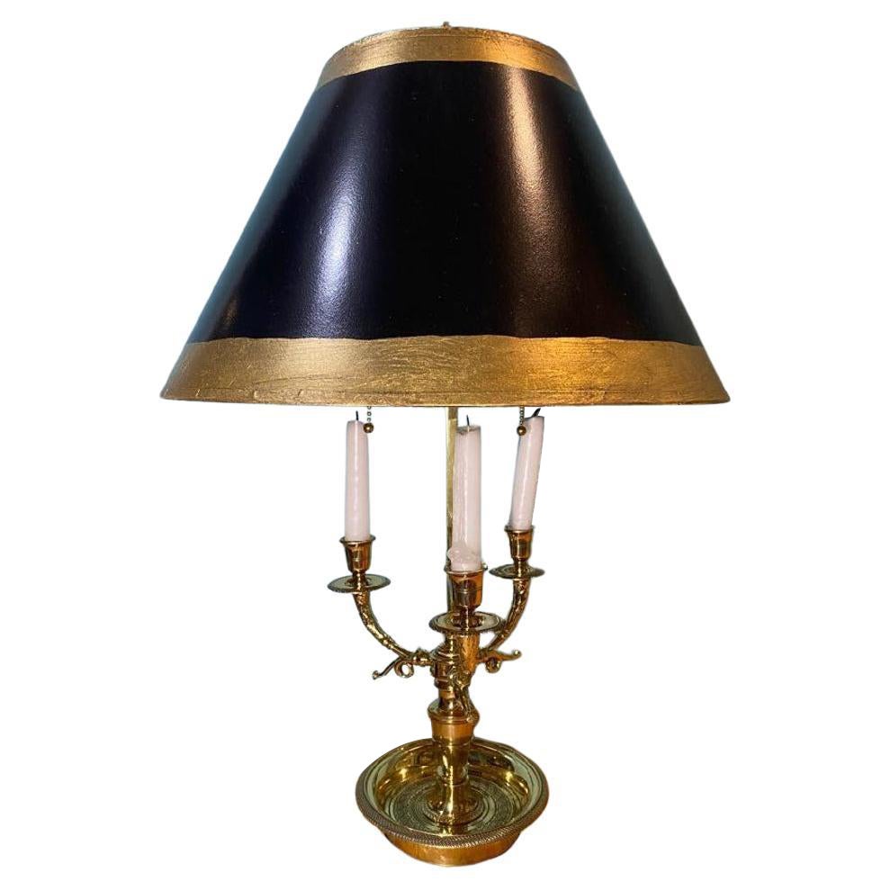 19th Century Brass Three Arm Bouillotte Lamp with Hand Painted Metal Shade For Sale