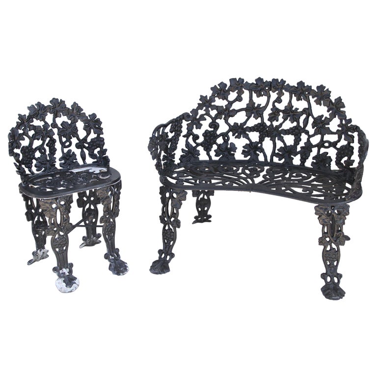 Vintage Garden Cast Iron Settee and Chair For Sale at 1stDibs