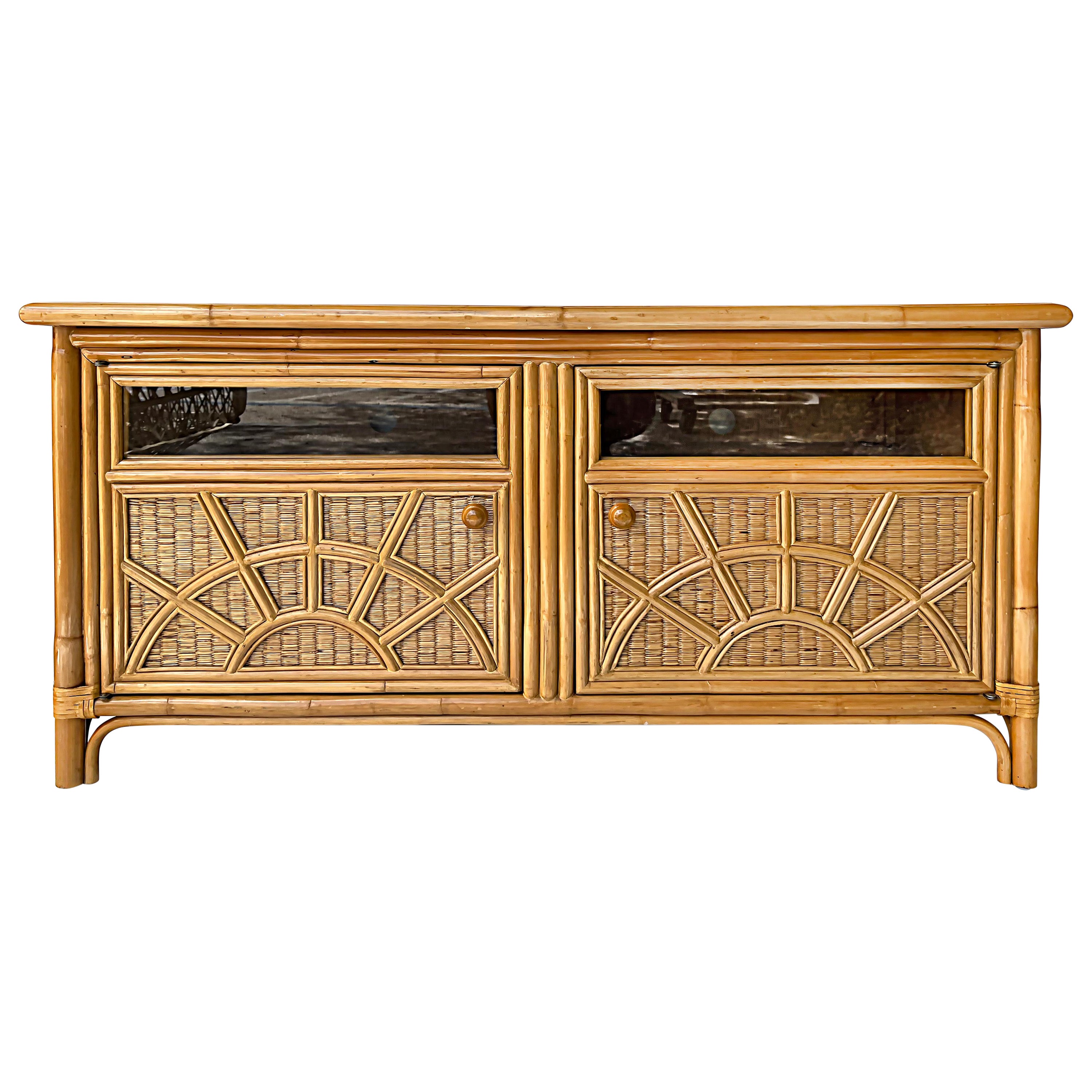 Vintage Coastal Rattan and Wood Media Cabinet with Glass Door Tops