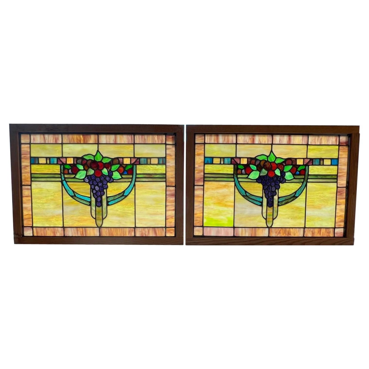 Art Deco Vintage Pair of Stained Glass Windows with Grapes Oak Frame For Sale