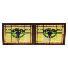 Art Deco Vintage Pair of Stained Glass Windows with Grapes Oak Frame