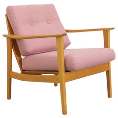 Silla de salón estilo Knoll rubia de mediados de siglo con tapicería rosa