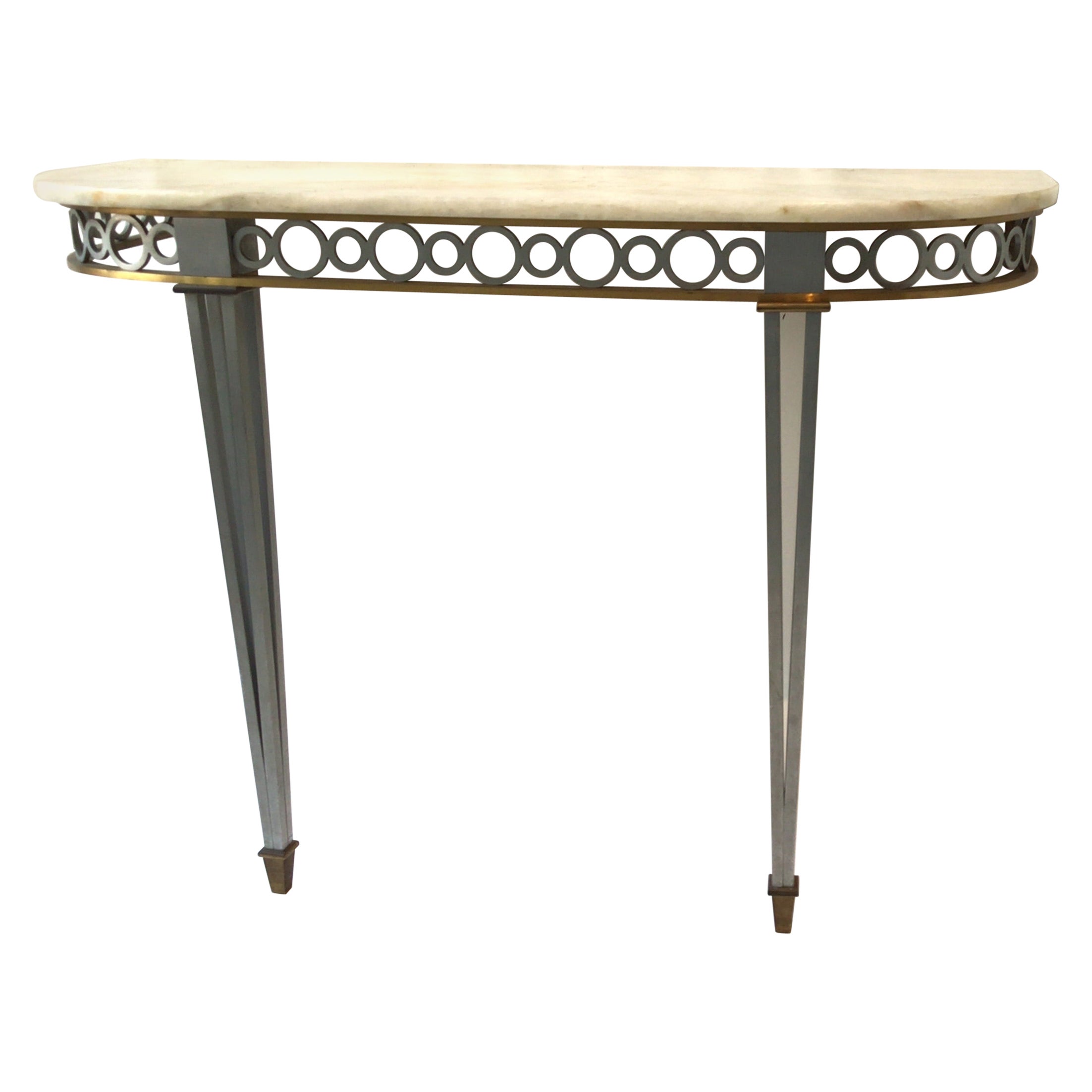 1980s Bronze and Steel Classical Demi Lune Console Table with Stone Top
