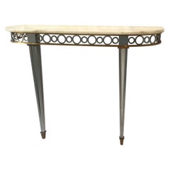 1980s Bronze and Steel Classical Demi Lune Console Table with Stone Top