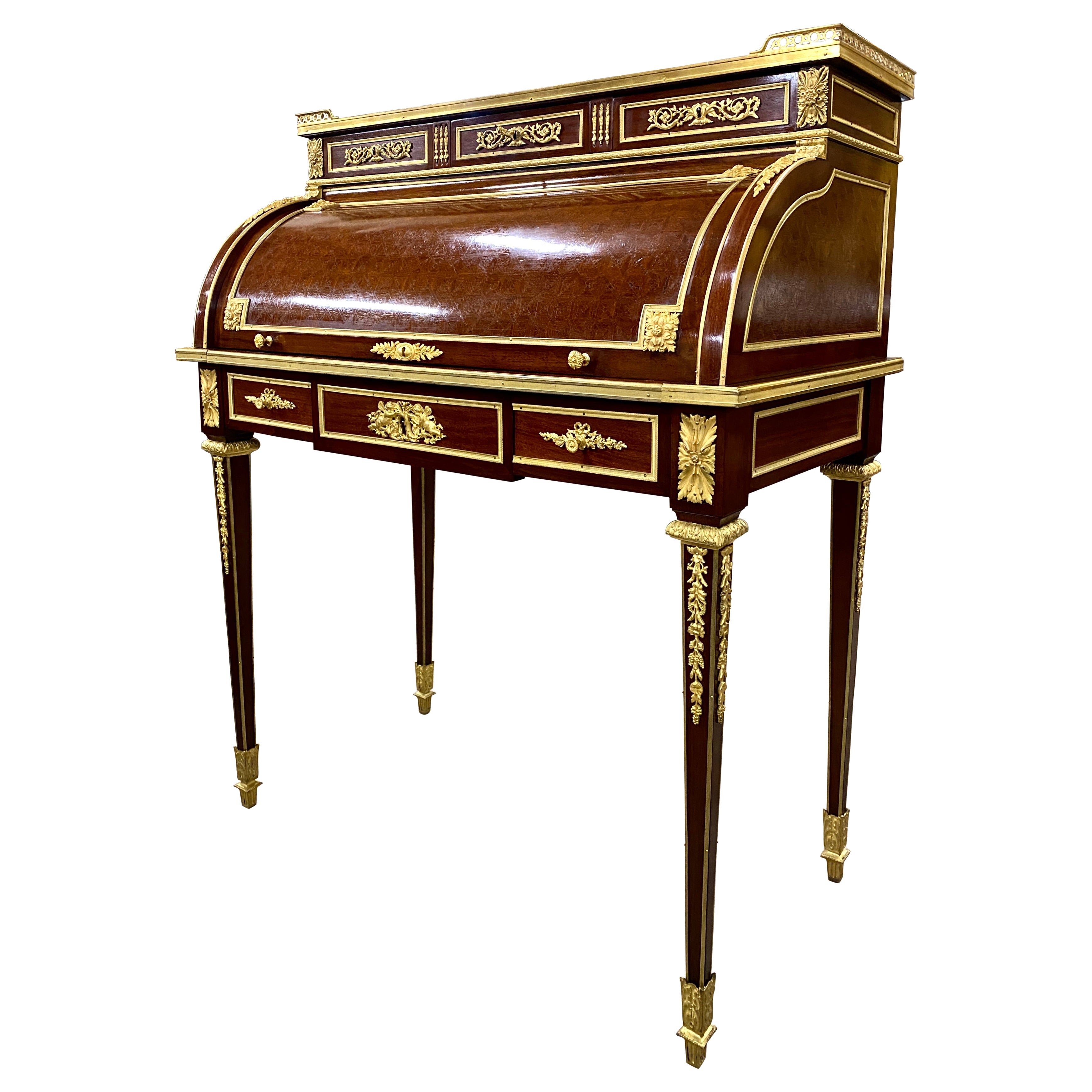 Maison Krieger, Louis XVI Style Cylinder Desk in Marquetry and Gilded Bronze
