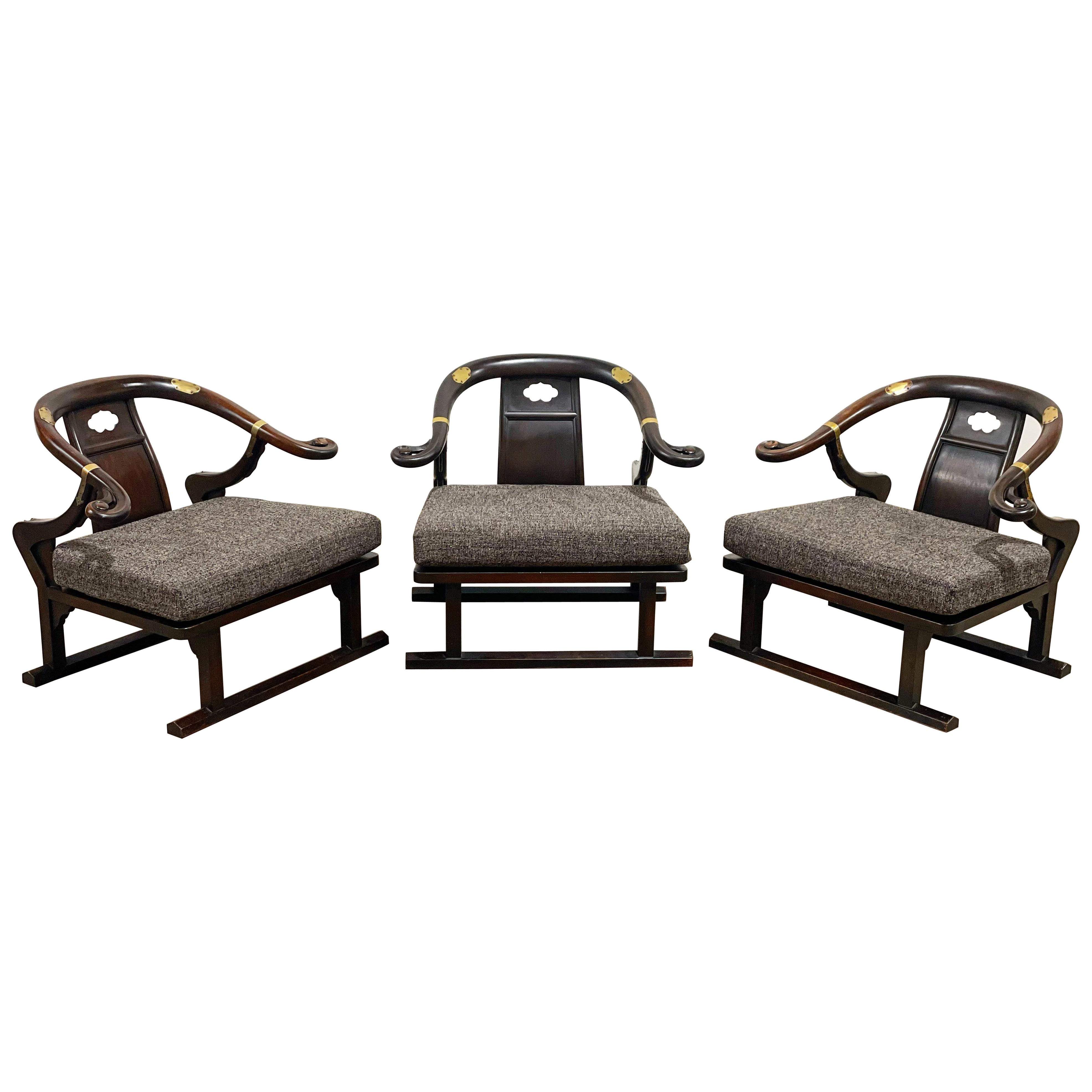Michael Taylor for Baker Lounge Chairs, Walnut + Brass + Far East Collection