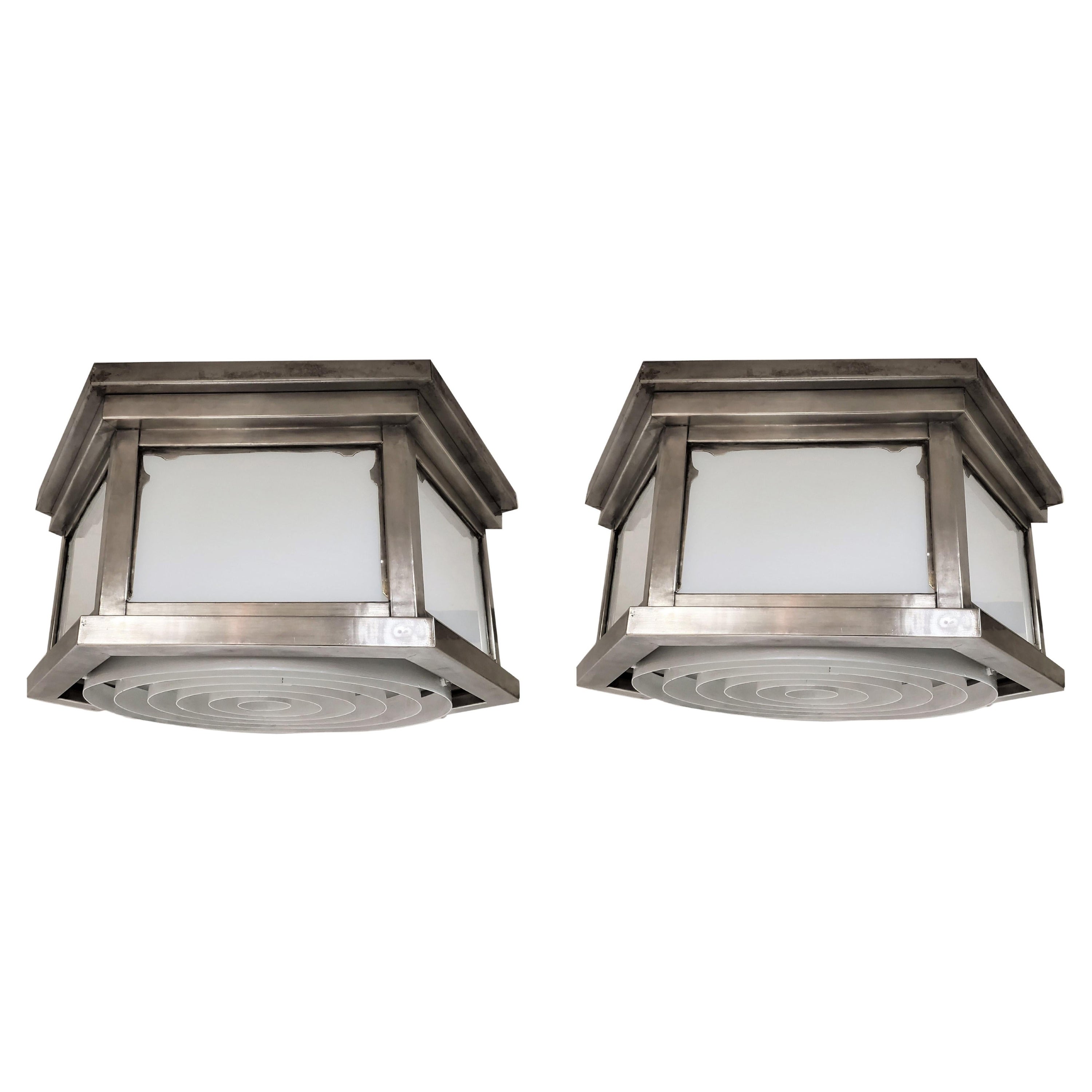 Pair of Mid Century Modern Nickeled Brass and White Glass Flush Mounts For Sale
