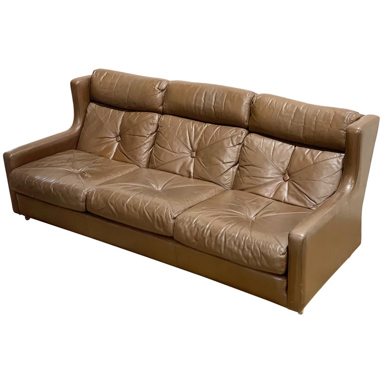 MidCentury Modern Wingback Leather Sofa, Chocolate Brown For Sale at 1stDibs