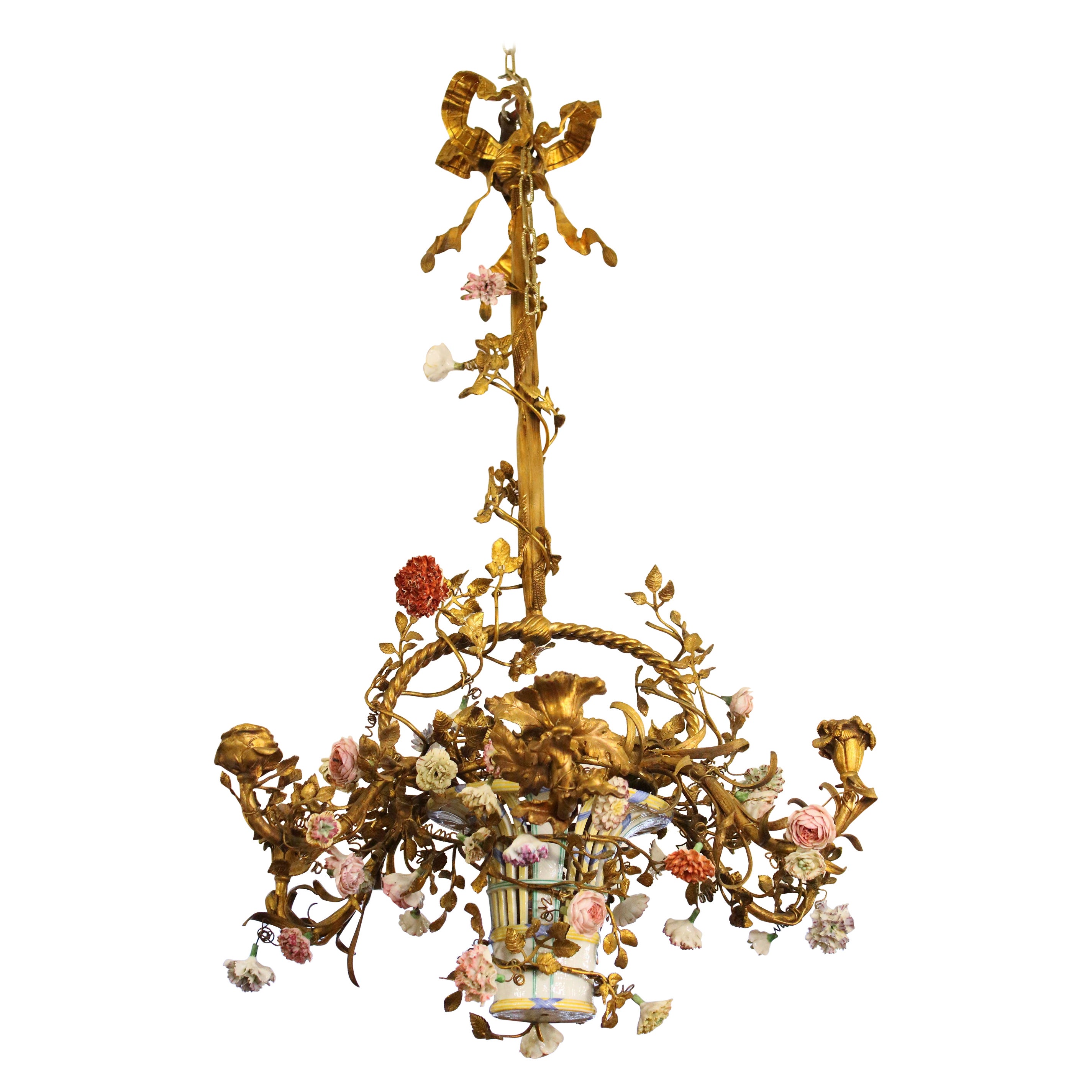 Late 19th Century French Louis XV Style Gilt Bronze Porcelain Flowers Chandelier