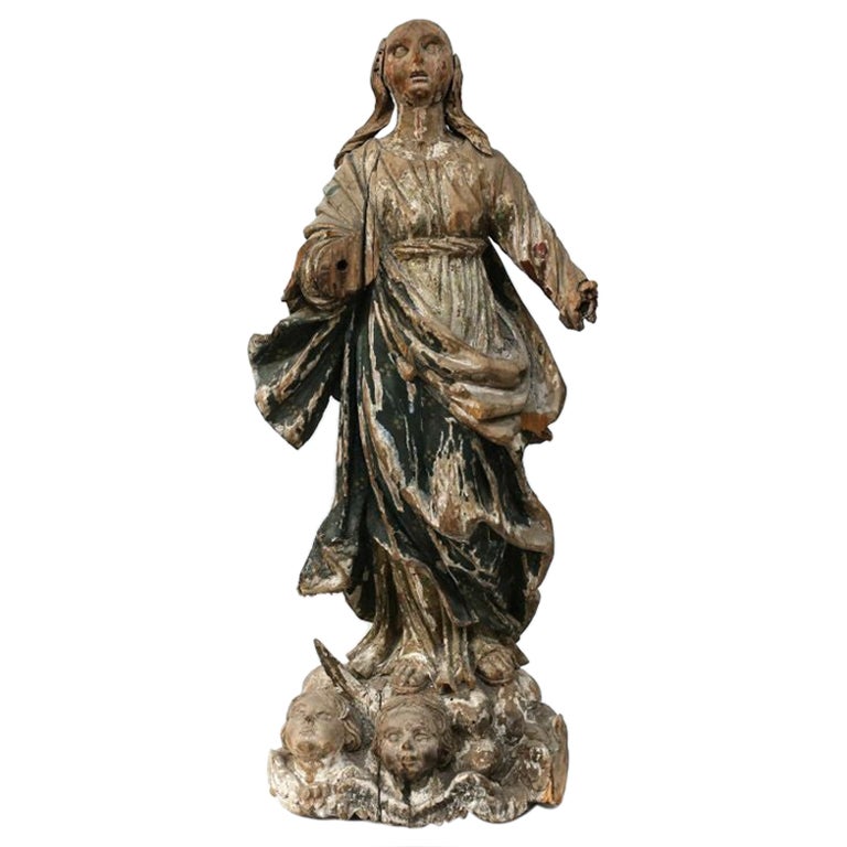Hand Carved Painted Saint or Madonna Figure with Angels, 16th -17th Century