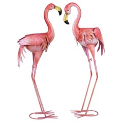 Flamingos Couple Flowerpot Holder Metal Decorated Indoor / Outdoor, Art