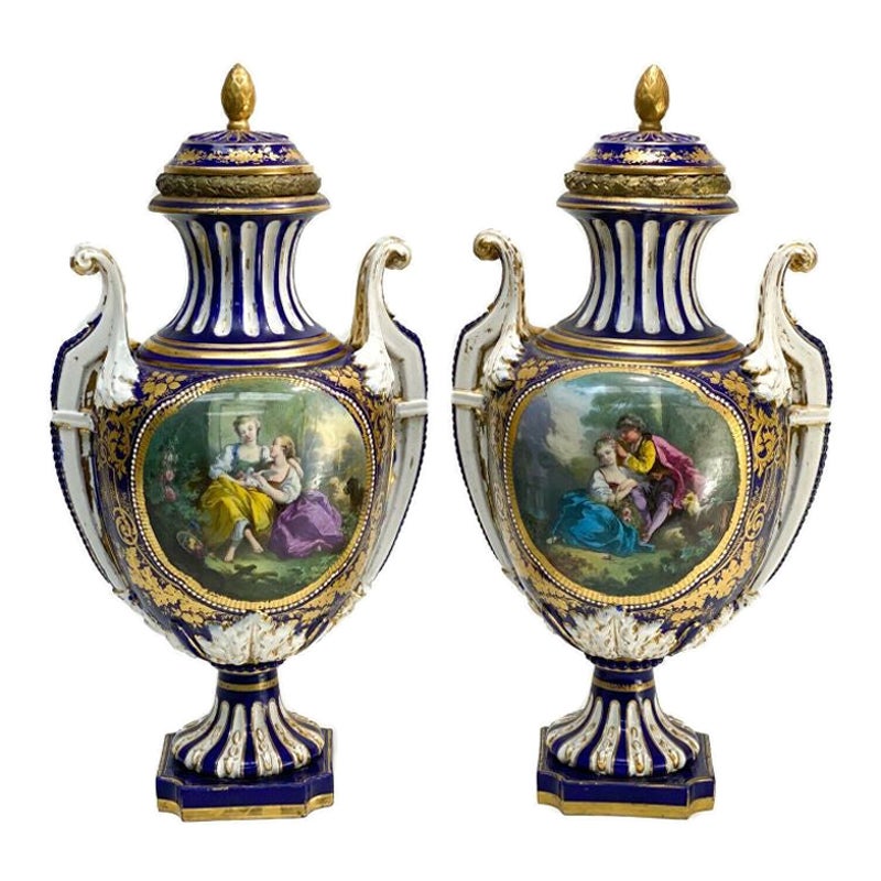 Pair Sevres France Porcelain Twin Handled Covered Urns, 19th Century For Sale