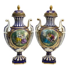 Pair Sevres France Porcelain Twin Handled Covered Urns, 19th Century