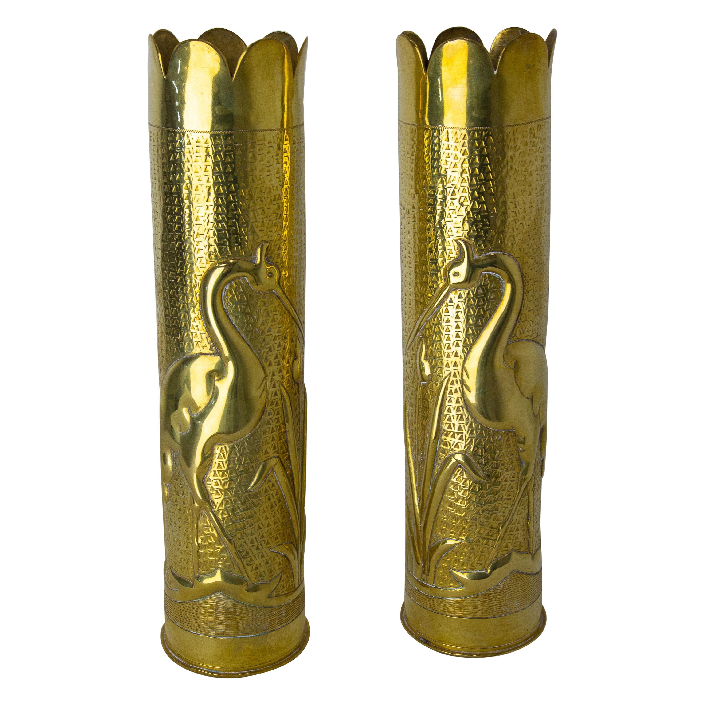 French Pair of World War I Brass Heron Engraved Shells Casing Trench Artillery For Sale