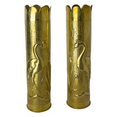 Antique French Pair of World War I Brass Heron Engraved Shells Casing Trench Artillery