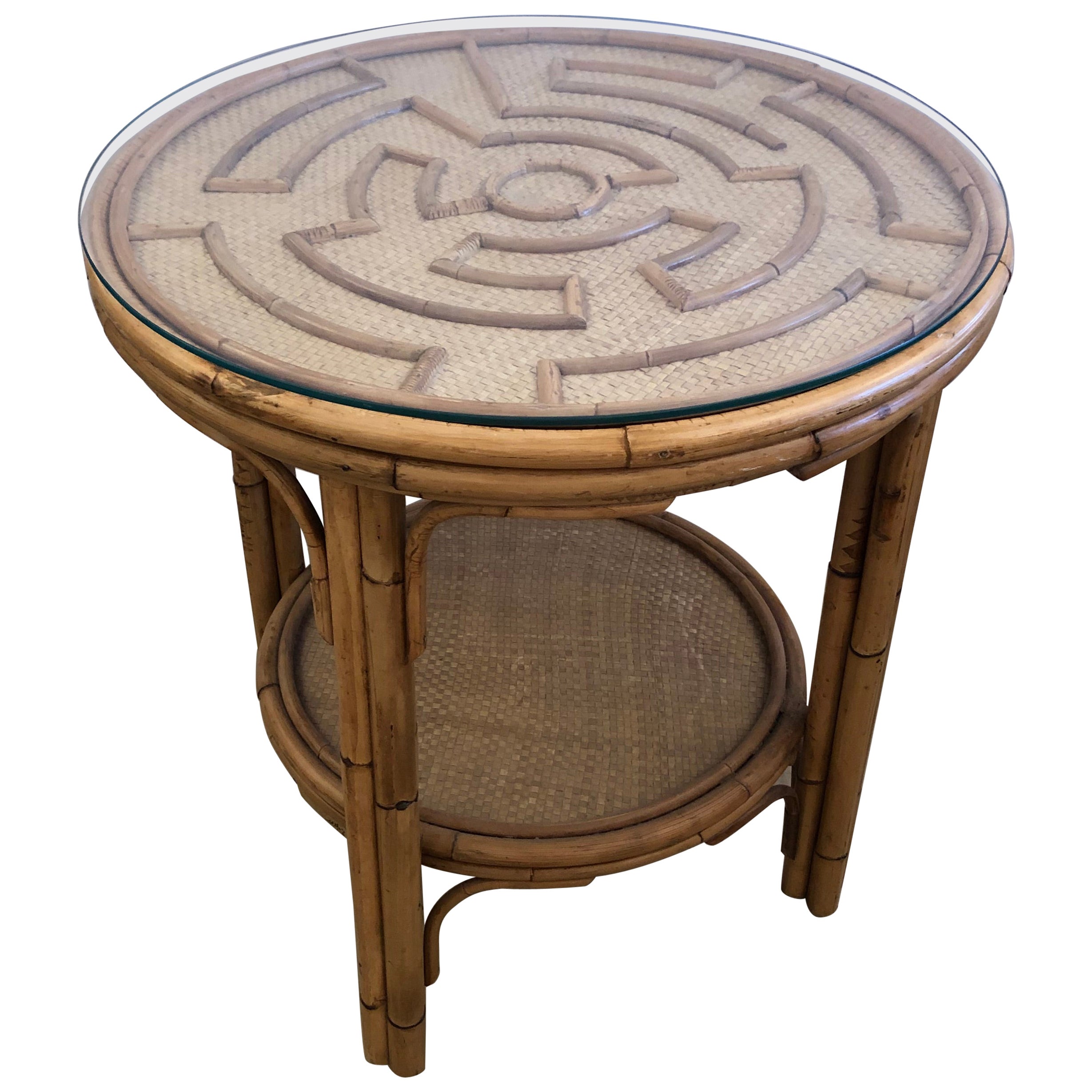Beautiful Round Rattan & Bamboo Side Table in the Style of McGuire For Sale