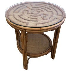Beautiful Round Rattan & Bamboo Side Table in the Style of McGuire
