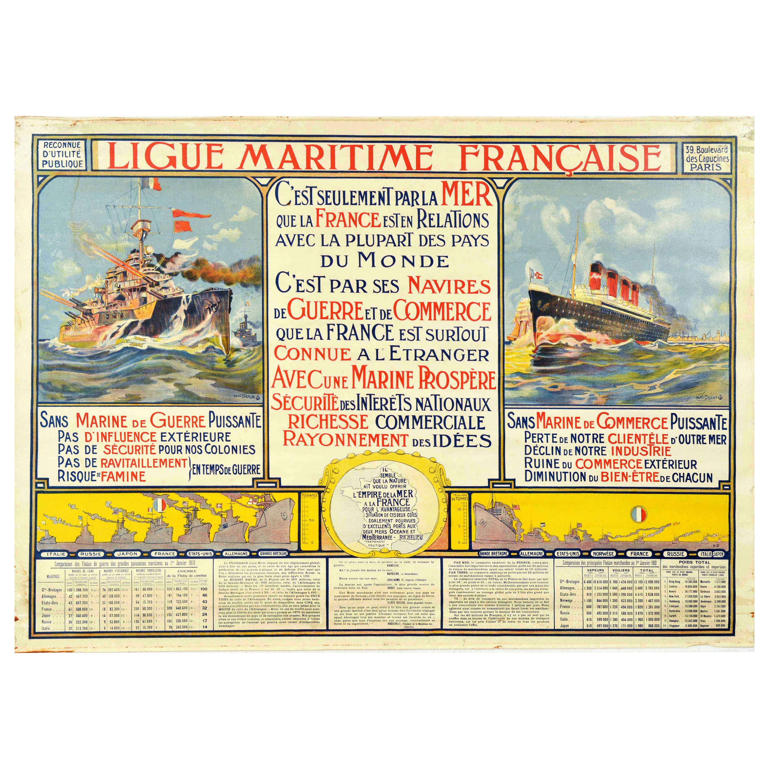 Original Antique Poster Ligue Maritime Francais Navy War Merchant Cruise Ships For Sale