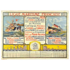 Affiche rétro originale, Ligue Maritime Francaise, Navy, Guerre, Merchants et bateaux de croisière