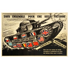 Original Vintage WWII Poster All Together One Victory Unity Strength Tank Design