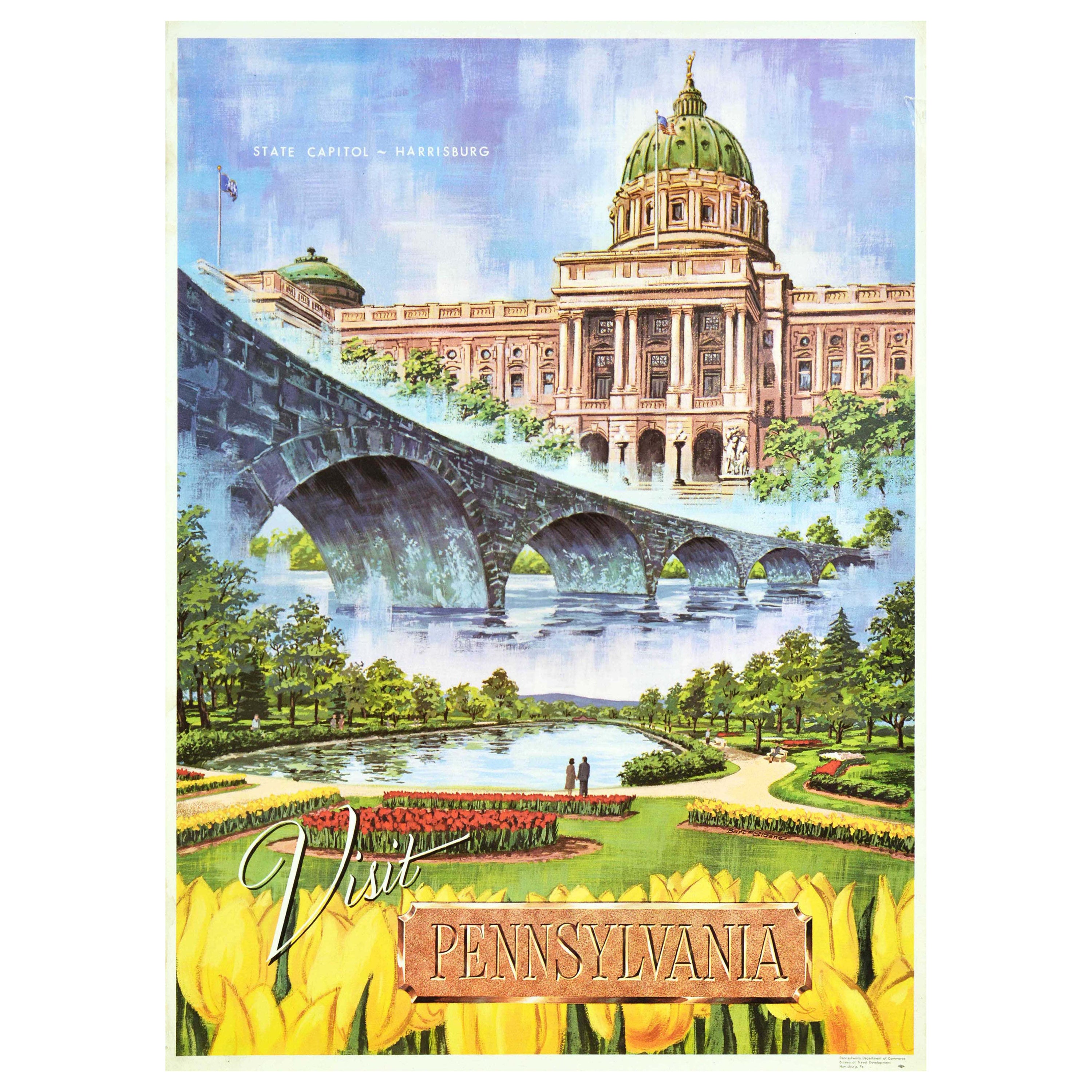 Original Vintage Poster Visit Pennsylvania State Capitol Harrisburg Travel Art