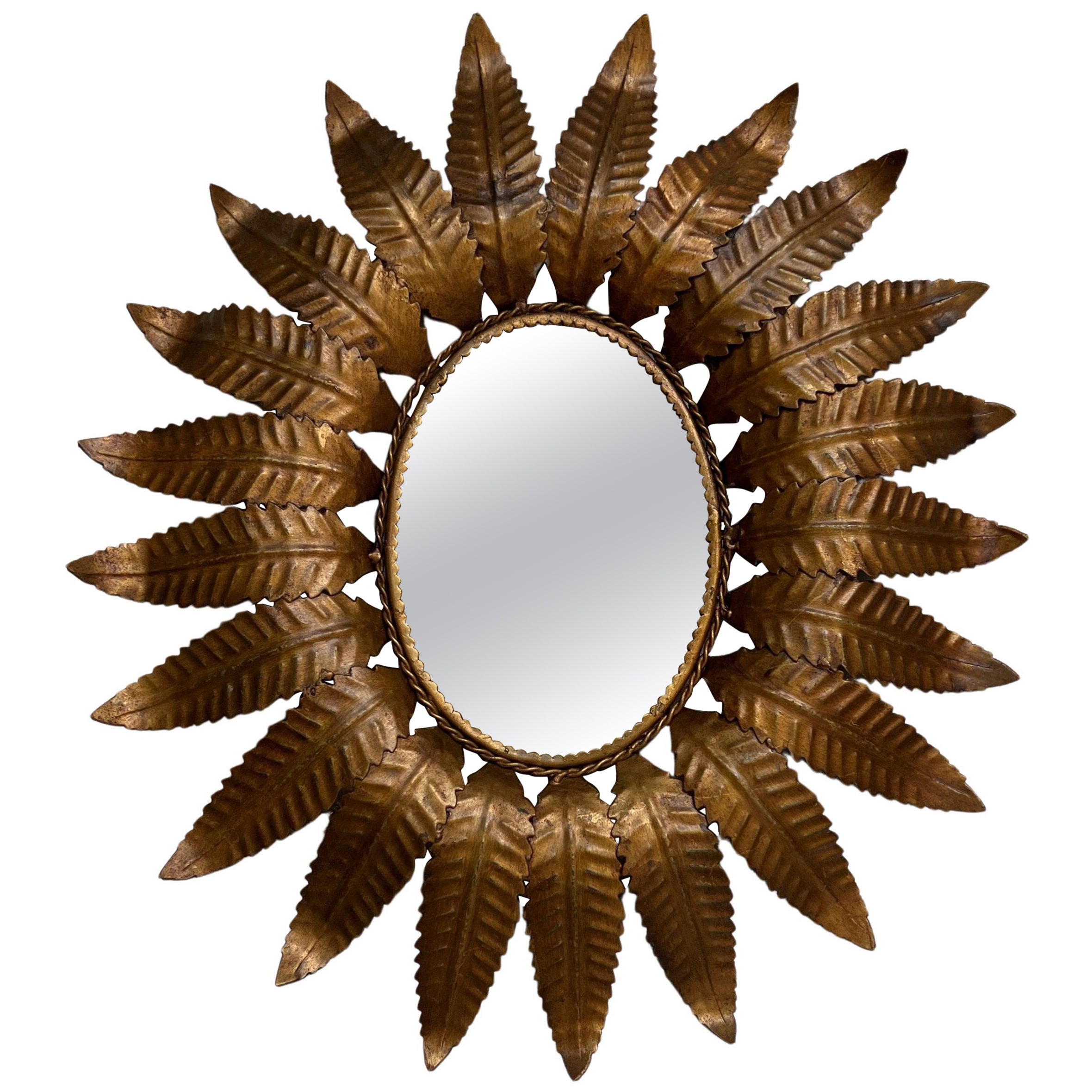 Spanish Oval Gilt Metal Sunburst Mirror with Dark Gilt Finish