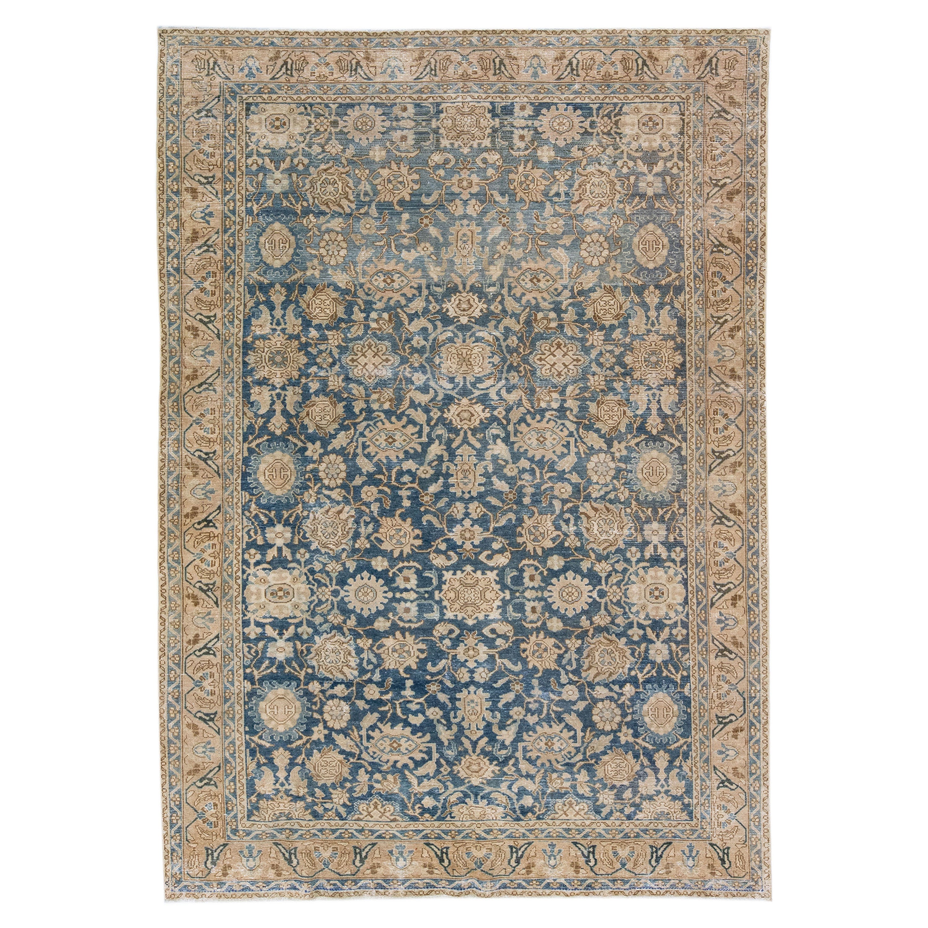 Blue Antique Persian Malayer Handmade Wool Rug with Allover Floral Design For Sale