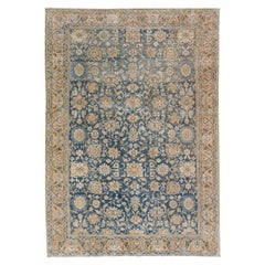 Blue Antique Persian Malayer Handmade Wool Rug with Allover Floral Design