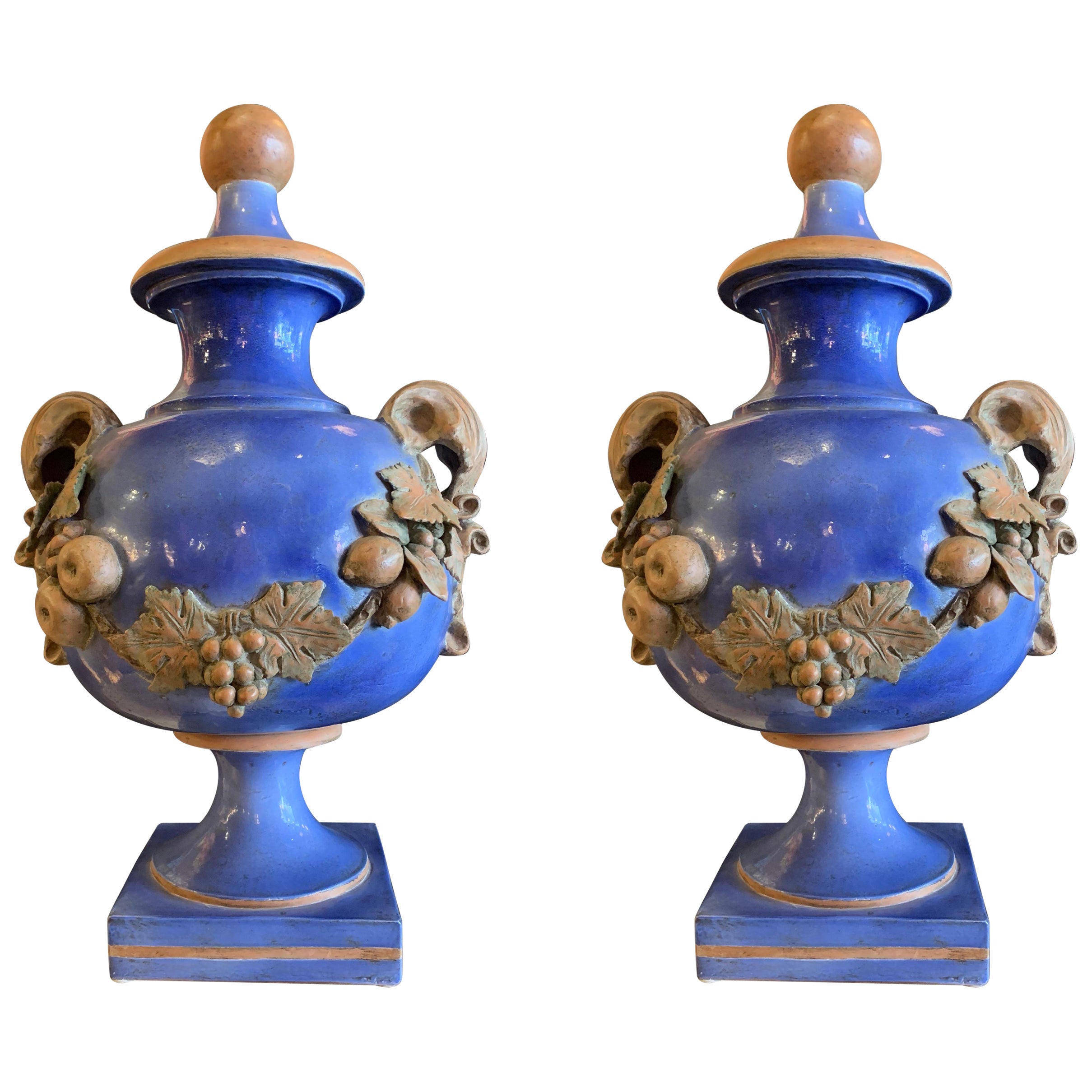 Large 1990s Blue Glaze Ceccarelli Italian Lidded Urns with Applied Fruit, a Pair For Sale