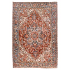 Antique Heriz Persian Handmade Rust Red Wool Rug with Medallion Design