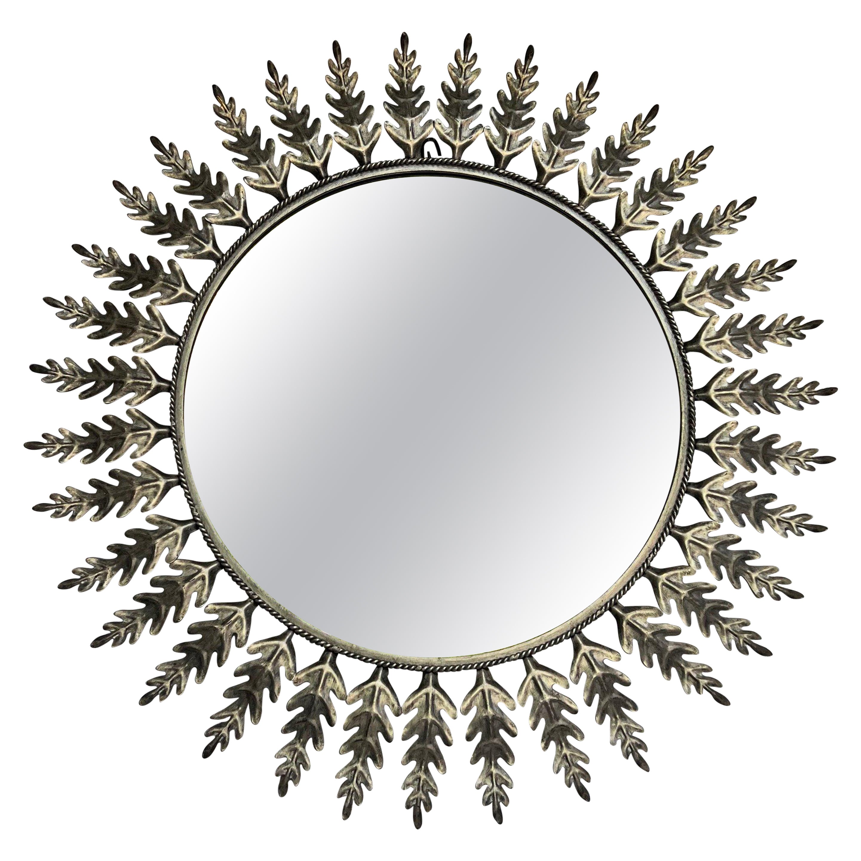 Spanish Round Silvered Metal Sunburst Mirror For Sale
