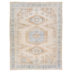Vintage Persian Mahal Handmade Beige & Blue Wool Rug with Tribal Design