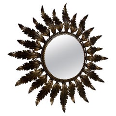 Small Spanish Round Gilt Metal Sunburst Mirror with Convex Glass