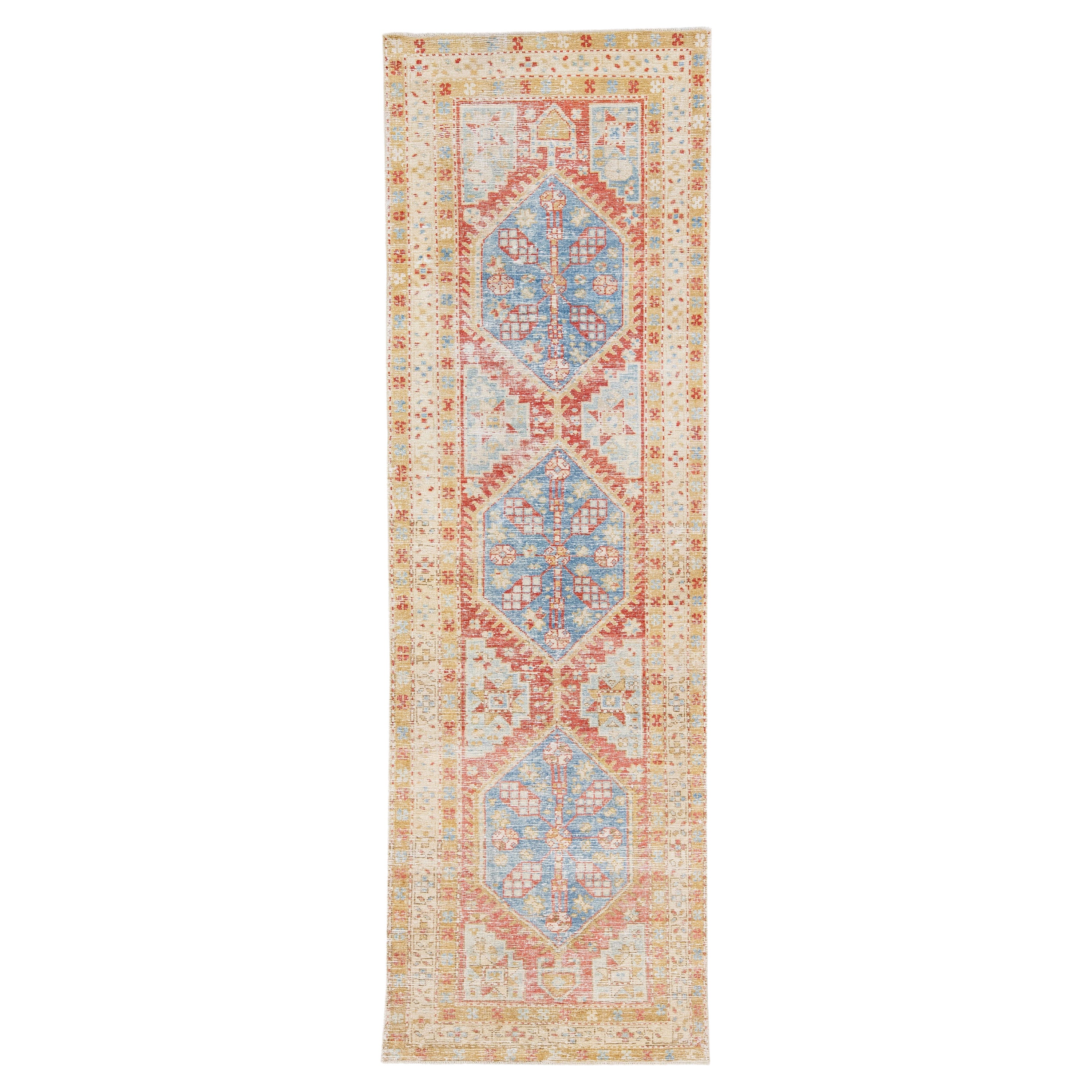 Antique Persian Heriz Handmade Multicolor Wool Runner with Tribal Pattern For Sale