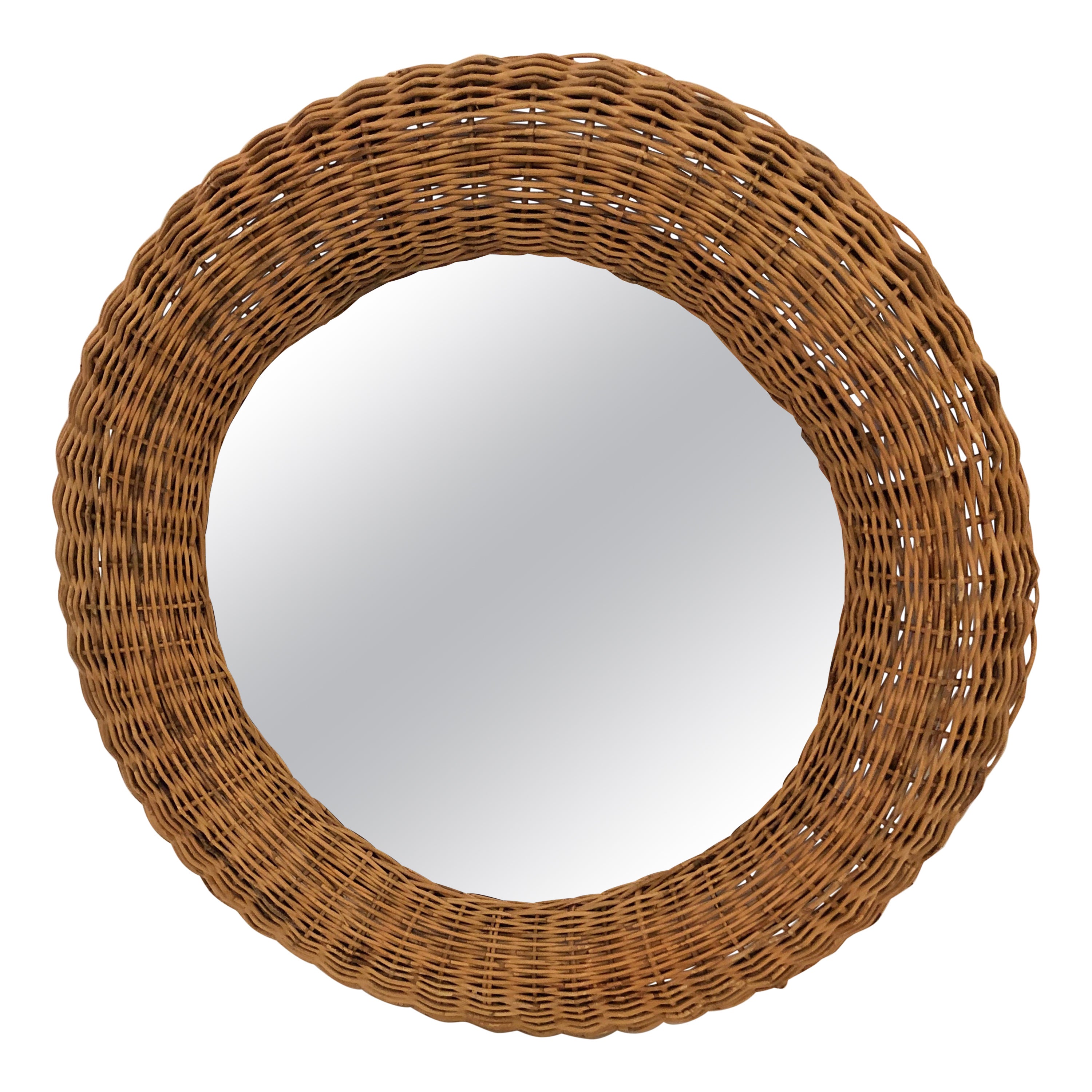 Coastal Chic Round Wicker Framed Mirror For Sale