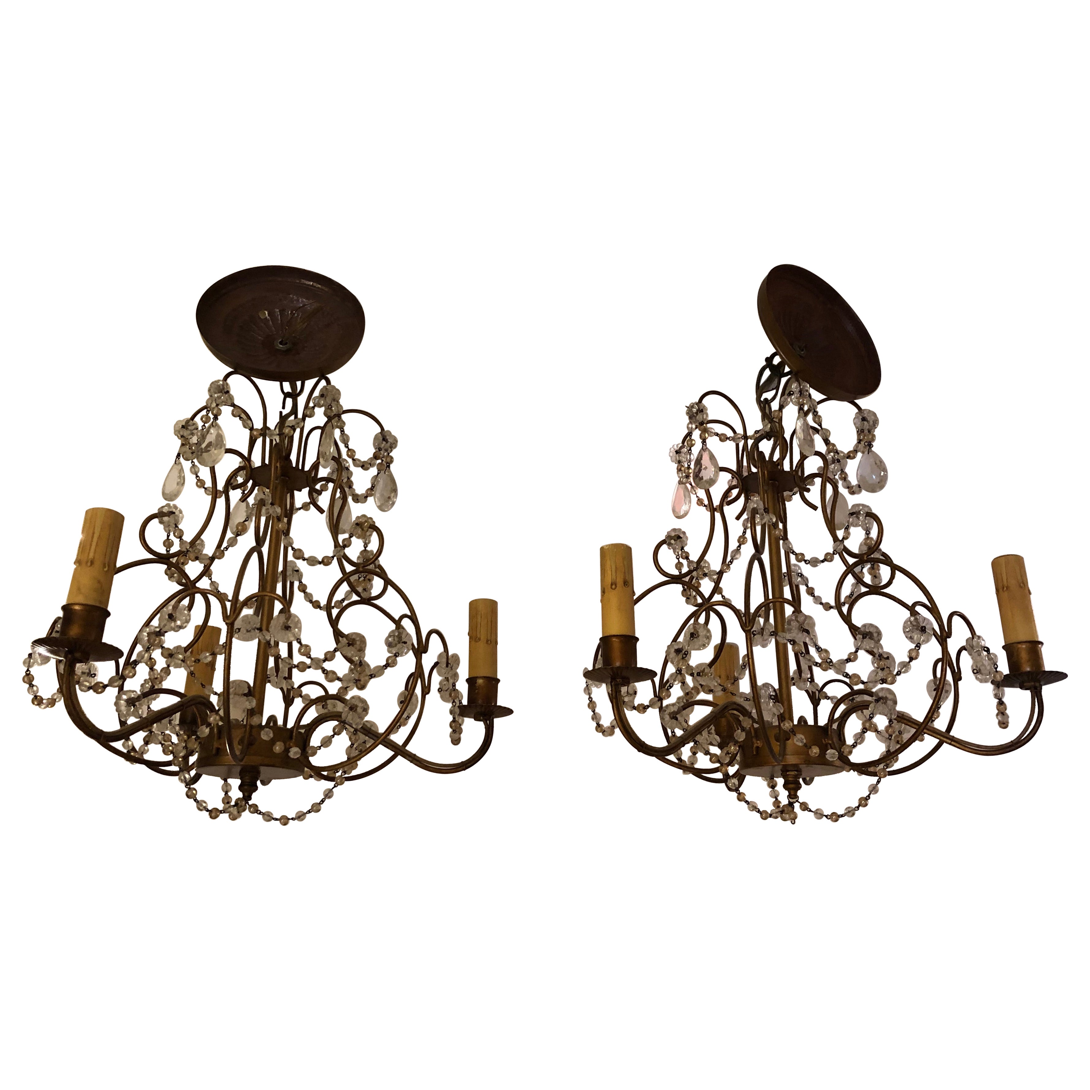 Pretty Pair of Beaded and Gilded Italian Chandeliers