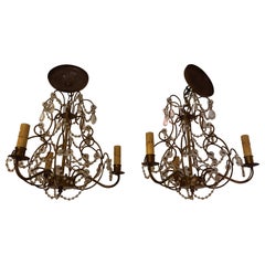 Retro Pretty Pair of Beaded and Gilded Italian Chandeliers